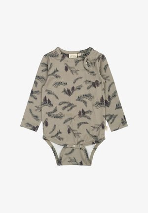 Ilgų rankovių bodis alyvų žalia spalva su pušies kankorėžio ir šakos ornamentu. Yra apvalus iškirpimas ir spaustukai apačioje.