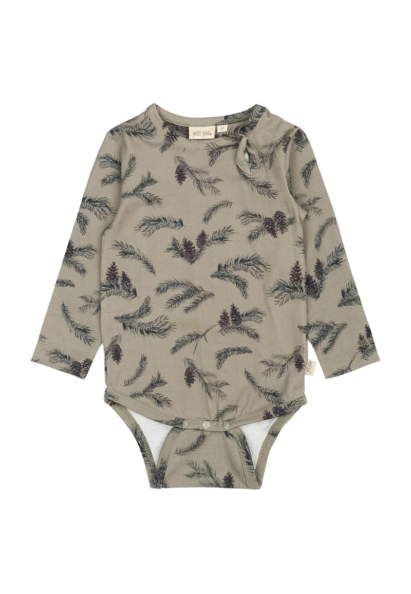 Hosszú ujjú bodysuit olajzöld színben, fenyőerdő toboz és ág mintával. Kerek nyakkivágással és patentos záródással az alján.