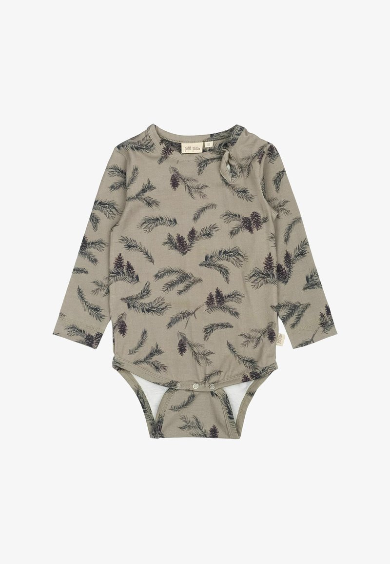 Hosszú ujjú bodysuit olajzöld színben, fenyőerdő toboz és ág mintával. Kerek nyakkivágással és patentos záródással az alján.