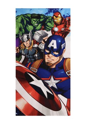 Captain America mit Schild, Thor hält seinen Hammer, Hulk zeigt seine Muskeln und Iron Man steht mit leuchtender Brust und Hand in kampfbereiten Posen.