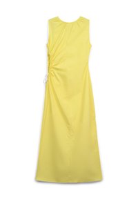 Gelbes, ärmelloses Kleid mit Rundhalsausschnitt, seitlichen Raffungselementen und glatter Textur, das an dem Saum einen Kordelzug besitzt.