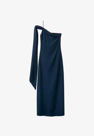 Mornarsko moder dolga obleka z enim ramenom, z drapirano tkanino na levem rami in tankim spaghetti trakom na desnem.