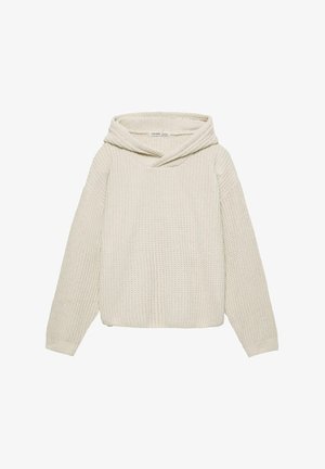 Light beige knitted hoodie, featuring a textured pattern, long sleeves, and a folded hood design. Soft material and relaxed fit.