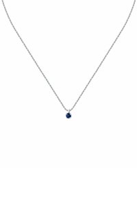 Collana in argento con un singolo pendente rotondo in gemma blu. La catena è delicata con un design a maglie fini, che riflette la luce.