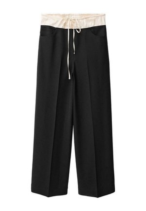 Pantaloni neri a gamba larga con una morbida cintura elastica color crema e cordino, dotati di due tasche frontali e una finitura pulita.