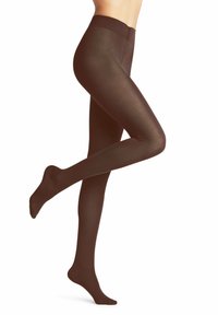 Collants opaques marron avec une texture douce. Dispose d'une taille large et d'un design sans couture s'étendant de la taille aux orteils.