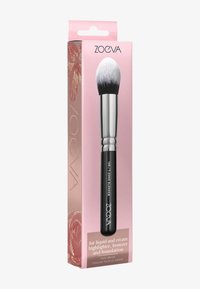 ZOEVA Gesichtspinsel in einer Verpackung; der Pinsel hat einen schwarzen Griff, eine silberne Ferrule und weiche, abgerundete weiße Borsten; entworfen für flüssige und cremige Produkte.