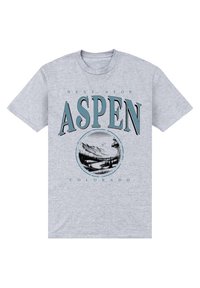 Camiseta de algodón gris con el texto "Próxima Parada Aspen" en azul, y un gráfico central en blanco y negro de montañas y un río.