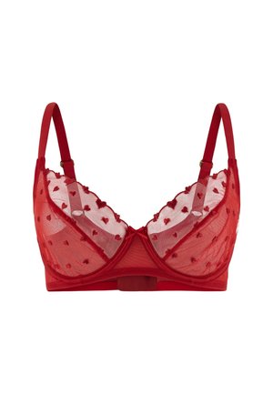 Reggiseno rosso trasparente con ricamo a forma di cuore, spalline regolabili, ferretto e un piccolo fiocco al centro davanti.