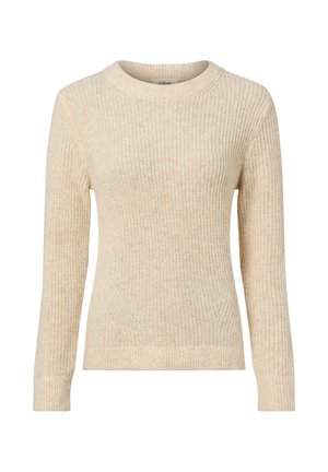 Beiger Strickpullover mit rundem Ausschnitt, langen Ärmeln, strukturiertem Stoff sowie gerippten Bündchen an Ärmeln und Saum, der eine klassische Form und ein klassisches Design bietet.