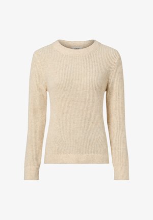 Beiger Strickpullover mit rundem Ausschnitt, langen Ärmeln, strukturiertem Stoff sowie gerippten Bündchen an Ärmeln und Saum, der eine klassische Form und ein klassisches Design bietet.