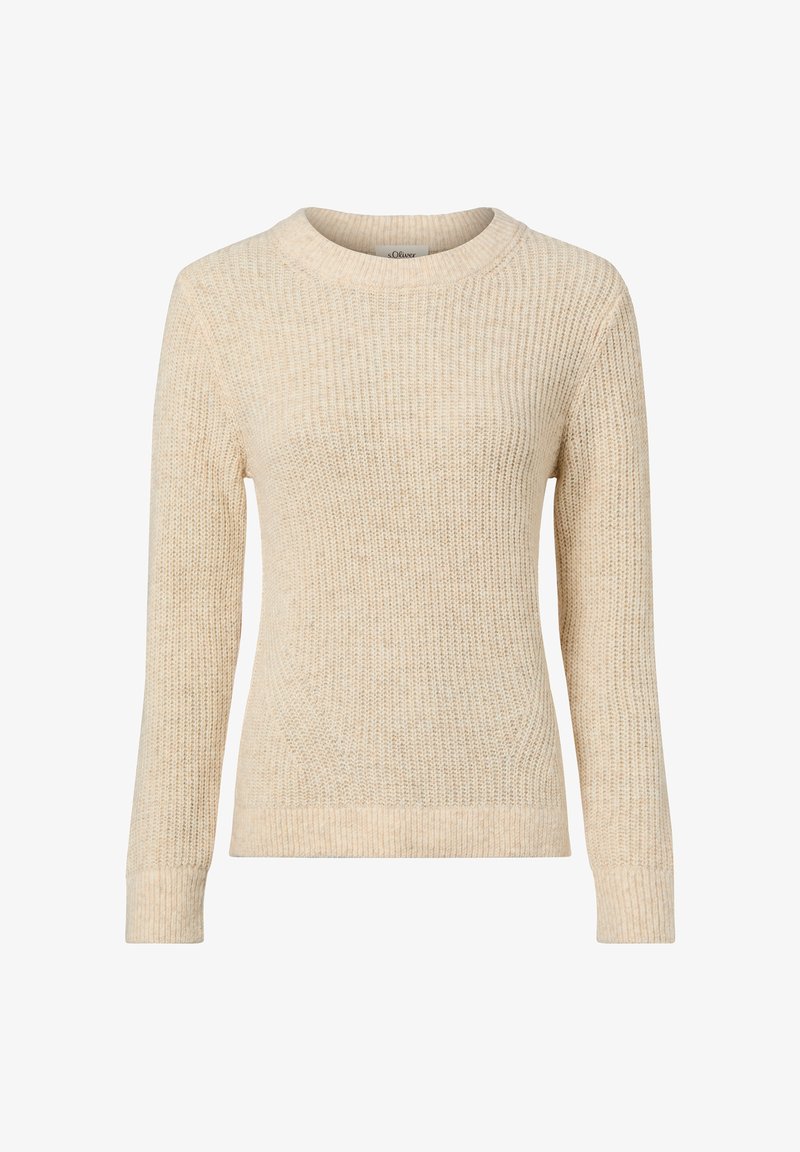 Beiger Strickpullover mit rundem Ausschnitt, langen Ärmeln, strukturiertem Stoff sowie gerippten Bündchen an Ärmeln und Saum, der eine klassische Form und ein klassisches Design bietet.