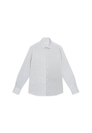 Camicia bianca a maniche lunghe con piccolo motivo a diamante nero, collo aperto e polsini con bottoni, mostrata distesa su sfondo bianco.