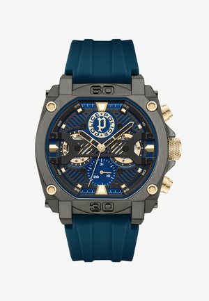 Crni i plavi sat s robusnim dizajnom, koji sadrži gumeni remen, zlatne akcentne detalje i više poddialova za funkciju hronografa.