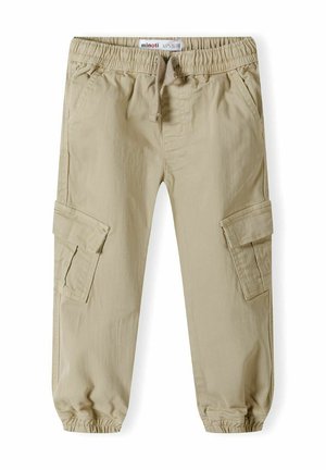 Khaki cargo pants with an elastic waistband and drawstring, featuring two side pockets and two cargo pockets on the thighs. Smooth texture.