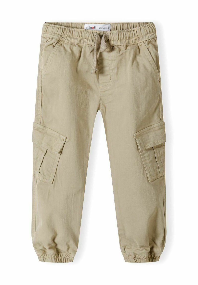 Khaki cargo kalhoty s elastickým pasem a šňůrkou, které mají dvě boční kapsy a dvě nákladní kapsy na stehnech. Hladká textura.