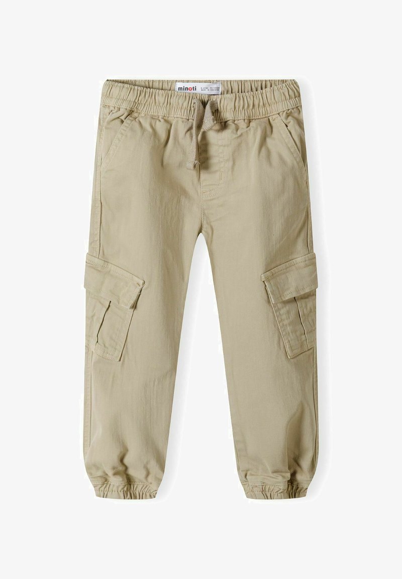 Khaki cargo pants with an elastic waistband and drawstring, featuring two side pockets and two cargo pockets on the thighs. Smooth texture.