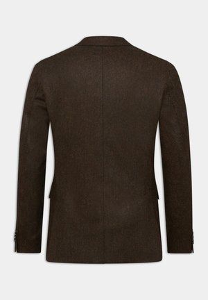 Ruskea herringbone-pukujakku, jossa on istuva leikkaus, vekitetyt kaulukset ja kaksi takaventtiä. Teksturoitu kangas lisää syvyyttä, ja hihansuissa on napit.