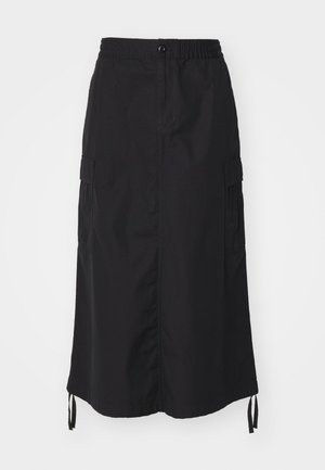 Black mid-length skirt made of lightweight fabric. Features an elastic waistband, button closure, and side pockets with drawstring accents.