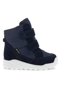 Stivale alla caviglia blu navy realizzato in nylon e suede, dotato di due cinghie in velcro, una suola bianca imbottita e un pannello laterale texturizzato.