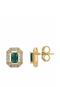 Gold-tone earrings featuring an octagonal design with a rectangular green stone at the center, surrounded by clear rhinestones.