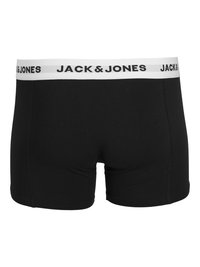 Crne bokserice izrađene od mekog materijala, s bijelim pojasom na kojem je crnim slovima ispisan logo "JACK & JONES". Jednostavan, uski kroj.