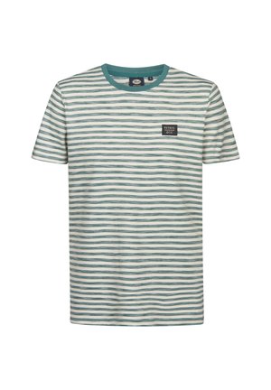 Koszulka w paski w kolorze kremowo-morskim, z okrągłym dekoltem i krótkimi rękawami. Z przodu małą czarną metkę z logo na piersi.