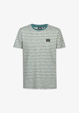 Raidallinen t-paita kermaan ja turkoosiin sävyissä, jossa pyöreä pääntie ja lyhyet hihat. Rintamuksessa pieni musta logoläyte.