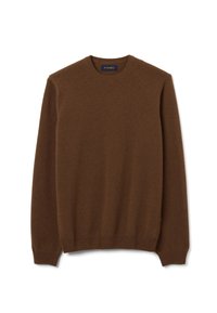 Pull marron à col rond en tissu doux, avec poignets et ourlets côtelés, au design simple et sans coutures apparentes ni motifs visibles.