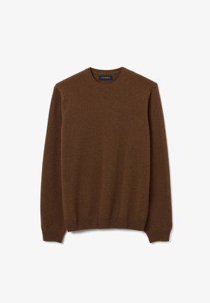Brauner Rundhalsausschnitt-Pullover aus weichem Stoff, mit gerippten Bündchen und Säumen, einem einfachen, nahtlosen Design und ohne sichtbare Muster.