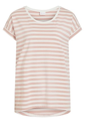 Camiseta de manga corta con rayas horizontales en rosa claro y blanco, cuello redondo y dobladillo trasero ligeramente más largo.