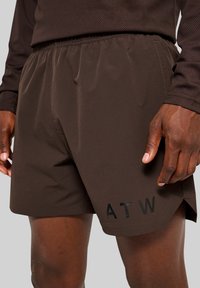 Hnedé atletické šortky z ľahkého materiálu s elastickým pásom a bočnými rozstrihmi. Na dolnom ľavom rohu zdobí výrazný čierny nápis "ATW".