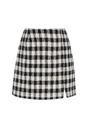 Zwart-witte geruite mini-jurk met een textuurafwerking, met een asymmetrische zoom en een aansluitende taille.