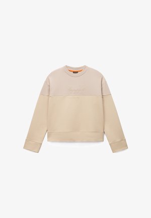 Beige and light tan color-blocked long-sleeve sweatshirt with crew neck and subtle embroidered brand logo on chest.