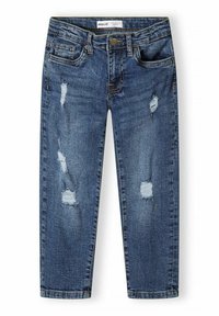 Dżinsy w ciemnoniebieskim kolorze z postarzanym wzorem, zawierającym przetarcia i strzępienie. Klasyczny pięciopocketowy styl z zapięciem na guzik.