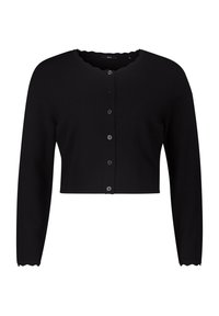 Zwart cropped cardigan van zachte stof, met een gegolfde halslijn, lange mouwen en vijf knoopsluitingen aan de voorkant.