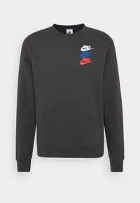 Tmavě šedá mikina s kulatým výstřihem, na levé horní části hrudi jsou tři barevné loga Nike v bílé, modré a červené barvě.