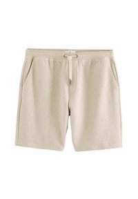 Beige teksturerede shorts med snørelukning, der har to sidelommer og en løs pasform. Stoffet har en vævet, mønstret overflade.