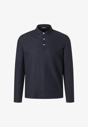 Granatowa koszulka polo z długim rękawem, trzema białymi guzikami i klasycznym kołnierzykiem, przedstawiona na jednolitym białym tle.