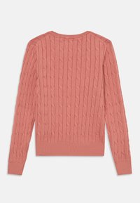 Maglione a trecce di un delicato rosa, con maniche lunghe, scollatura rotonda e polsini e orlo a coste. Motivo testurizzato su tutta la superficie.