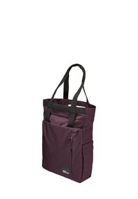 Purple fabric tote bag with black straps, featuring a front zip pocket and an additional side pocket for convenient storage.