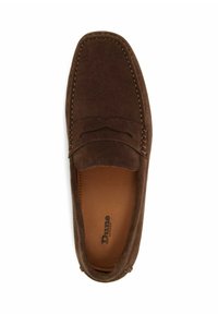Brown suede loafer with moccasin stitching, flat heel, and slip-on design. Smooth interior with embossed brand logo.
