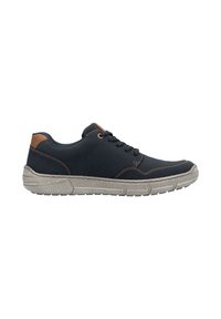 Navy blue sneaker with brown leather accents, round toe, lace-up design, and a textured gray rubber sole with visible tread pattern.