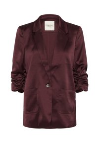 Blazer de satén burdeos con solapa clásica, dos bolsillos frontales, mangas fruncidas y cierre de un solo botón. Textura suave y diseño elegante.