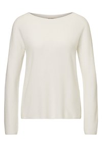 Vit långärmad tröja med bred halsringning och ribbad textur, med en figurnära kropp och mjukt tyg för komfort.