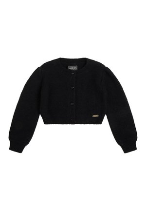Czarny krótki kardigan z długimi rękawami, okrągłym dekoltem, zapięciem na guziki z przodu i małym złotym logo Guess przy krawędzi.