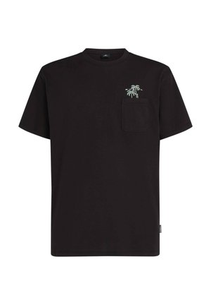Czarna bawełniana koszulka z kieszenią na lewej piersi. Ma białą haftowaną grafikę palmy i krótkie rękawy.