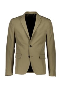 Marynarka khaki z gładkiego materiału, z klapą ze wcięciem, dwoma guzikami, jedną kieszenią na piersi oraz dwoma kieszeniami z przodu.