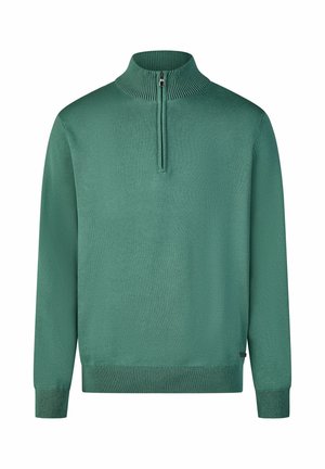 Grüner Strickpullover mit hohem Kragen und kurzem Reißverschluss. Verfügt über gerippte Bündchen und Saum, glatte Textur und bequeme Passform.