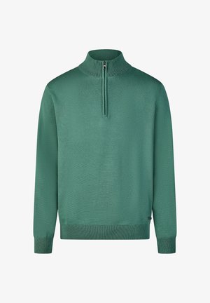 Groene gebreide trui met een hoge kraag en een korte rits. Voorzien van geribbelde manchetten en zoom, een gladde textuur en een comfortabele pasvorm.